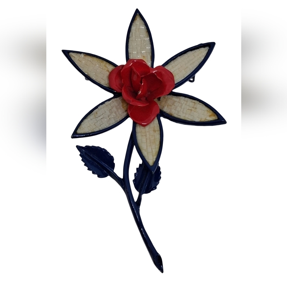 Vintage Large Enamel Rose Brooch – Navy Blue & Red Floral Pin with Woven Inlay